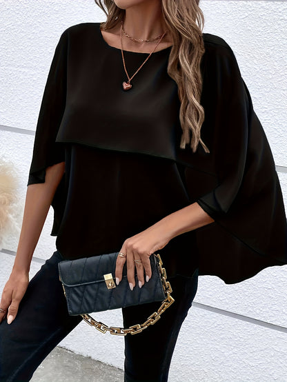 Solid Color Layered Cape Sleeve Shirt, Versatile Round Neck Shirt For Spring And Autumn, Women'S Clothing