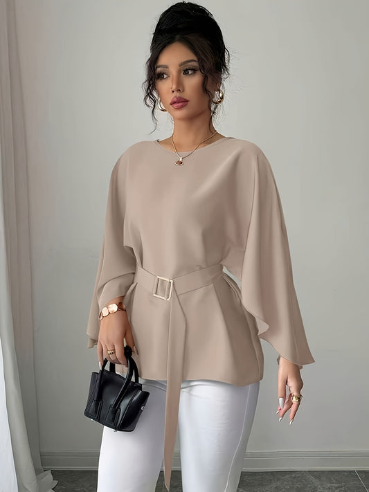 Red Women's French Blouse - Elegant Batwing Sleeves, Belted Waist, Non-See-Through Fabric for Formal & Everyday Outfits - Spring/Autumn Blouse, Lightweight Material, Smooth Texture Top, Round Neck Design, Casual Chic Top, Pro