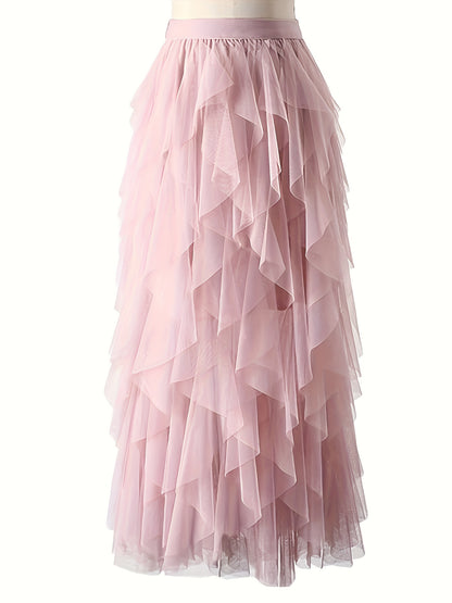 Chic Elegance, Elegant High-Waist A-Line Tulle Skirt for Women - Chic Korean-Style Spring Collection, Sheer Brown Polyester with Delicate Mesh Layers, Perfect for Summer Skirt