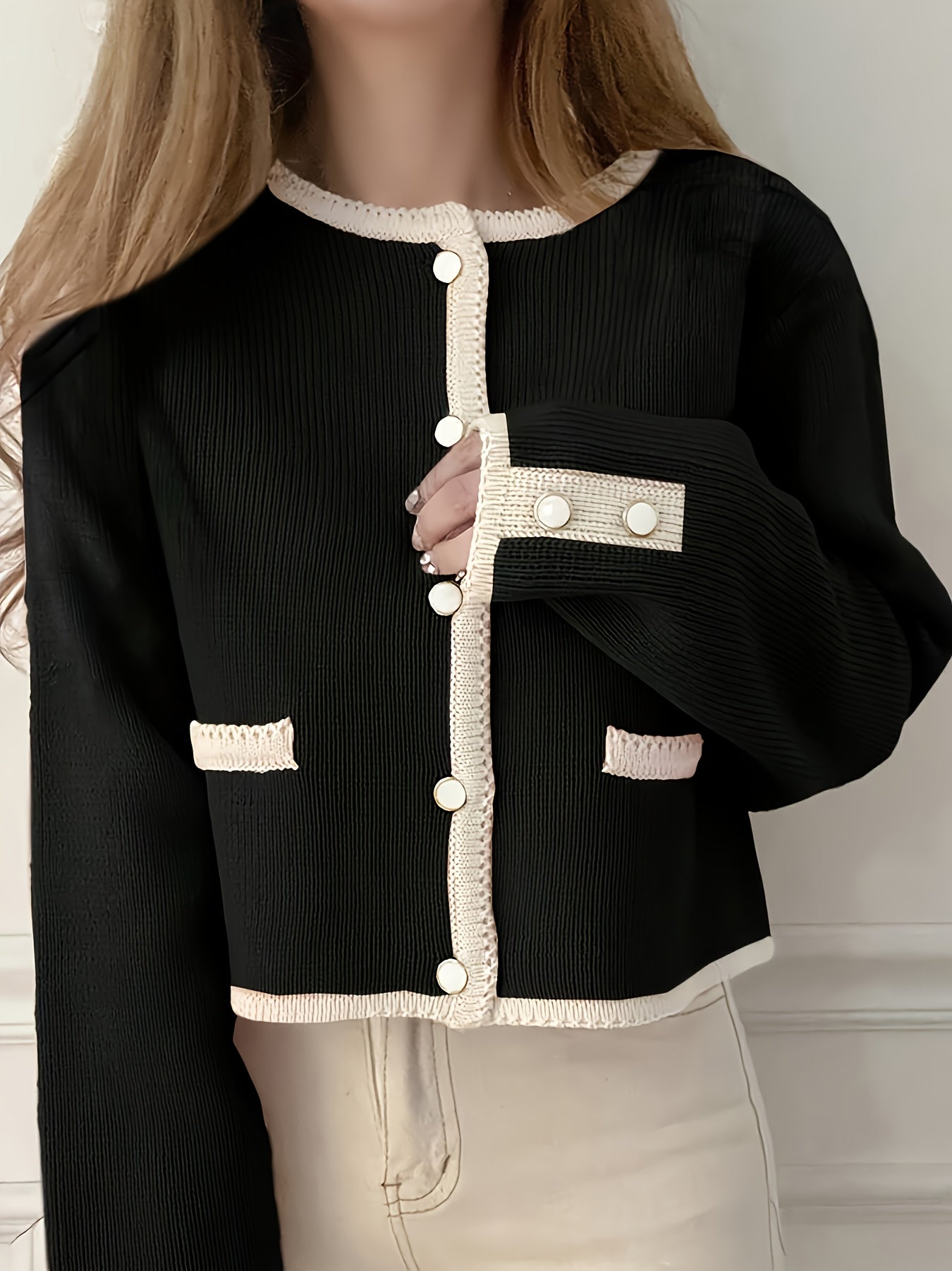 Women'S Elegant Cardigan - Black & Beige Two-Tone Sweater, Long Sleeve Open Front Button Closure, Fall/Winter Layering Piece for Casual Formal Outfits - Women'S Chic Sweater, Cardigan Sweater, Winter Fashion, Stylish Knitwear