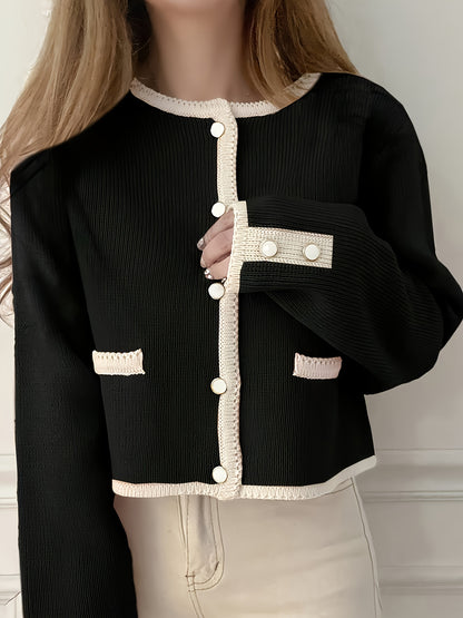 Women'S Elegant Cardigan - Black & Beige Two-Tone Sweater, Long Sleeve Open Front Button Closure, Fall/Winter Layering Piece for Casual Formal Outfits - Women'S Chic Sweater, Cardigan Sweater, Winter Fashion, Stylish Knitwear