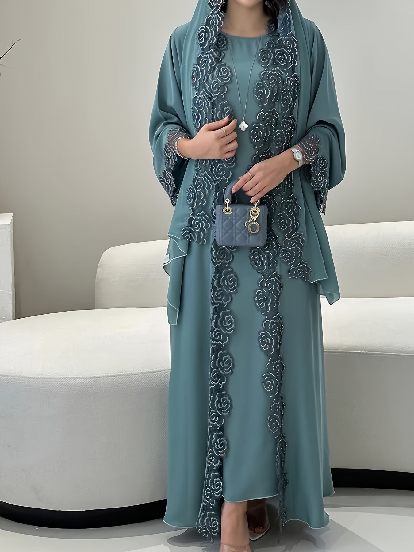 Women's 3pcs Islamic Abaya Muslim Modest Outfit Set - Long Sleeve Elegant Maxi Dress with Lace Hem & Head Veil, Loose-Fit H-Line Silhouette, Machine Washable All-Season Traditional Muslim Clothing for Prayer, Casual Attire &