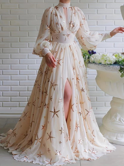 [Elegant Sequined Party Dress] Elegant Sequined Chiffon Dress | Stand Collar, Lantern Sleeves, Slit, Big Swing, Ladies Party Holiday Long Dress