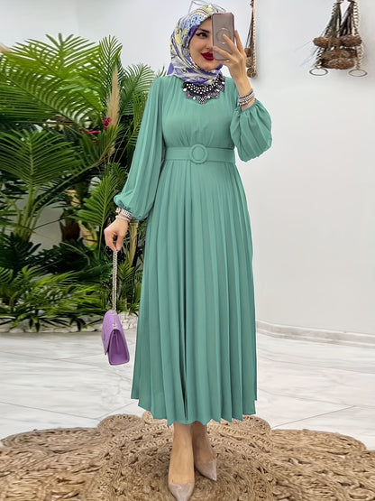 [Elegant Abaya] Elegant Mint Green Abaya | Women's Middle Eastern Modest Dress, Long Sleeve, Floor-Length, Belted Waist, Puff Sleeve, Machine Washable, Traditional, Solid Color, No Stretch Fabric, Casual & Formal Occasions