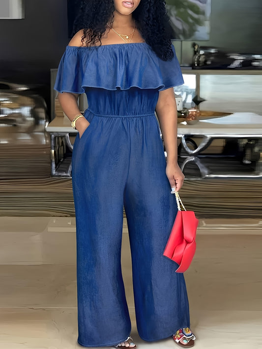SCACTO Women'S Elegant Off-Shoulder Tie Waist Jumpsuit - Wide Leg Long Pants Romper with Ruched Detail, Solid Color Spring/Fall Fashion, Versatile for Casual or Formal Occasions, Evening Wear, Offshoulder Design, Sophisticate