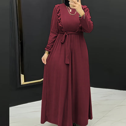 Elegant, Comfortable Solid Color Maxi Dress for Women - Polyester & Spandex Blend, Machine Washable, Belt Detail, Perfect for All Seasons