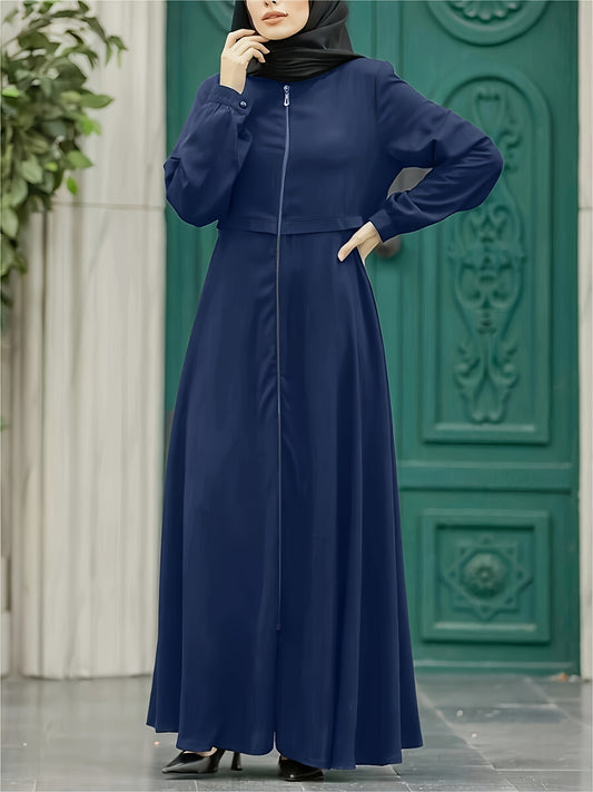 Elegant Zippered Long Robe 8033-1 for Women, 100% Polyester Solid Color, All-Season Long-Length Dress with Zipper Detail, Woven Fabric, 130g/m² Weight