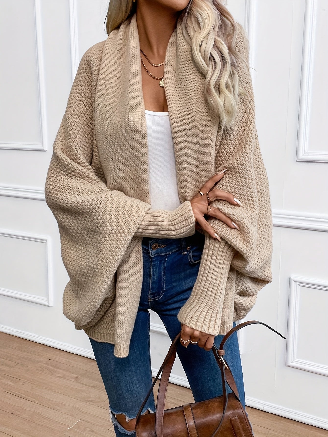 [Elegant Cardigan] Lightweight Polyester Elegant Women's Solid Color Bell Sleeve Cardigan | Contrast Collar, Perfect for Spring/Fall & Winter, Autumn Winter Fashion