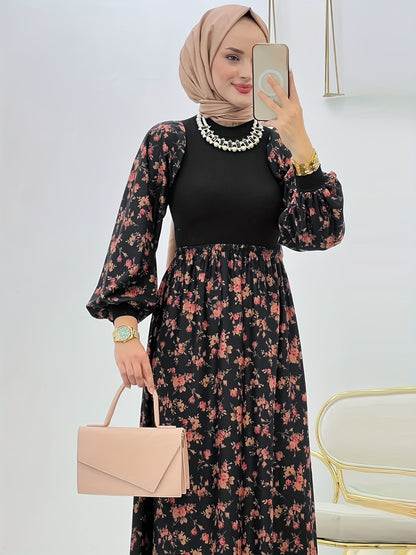 Women's Middle Eastern-Inspired Floral Print Maxi Dress - Polyester-Spandex Blend, Machine Washable, All-Season Versatile Wear, Elegant Casual to Formal Occasion Dress