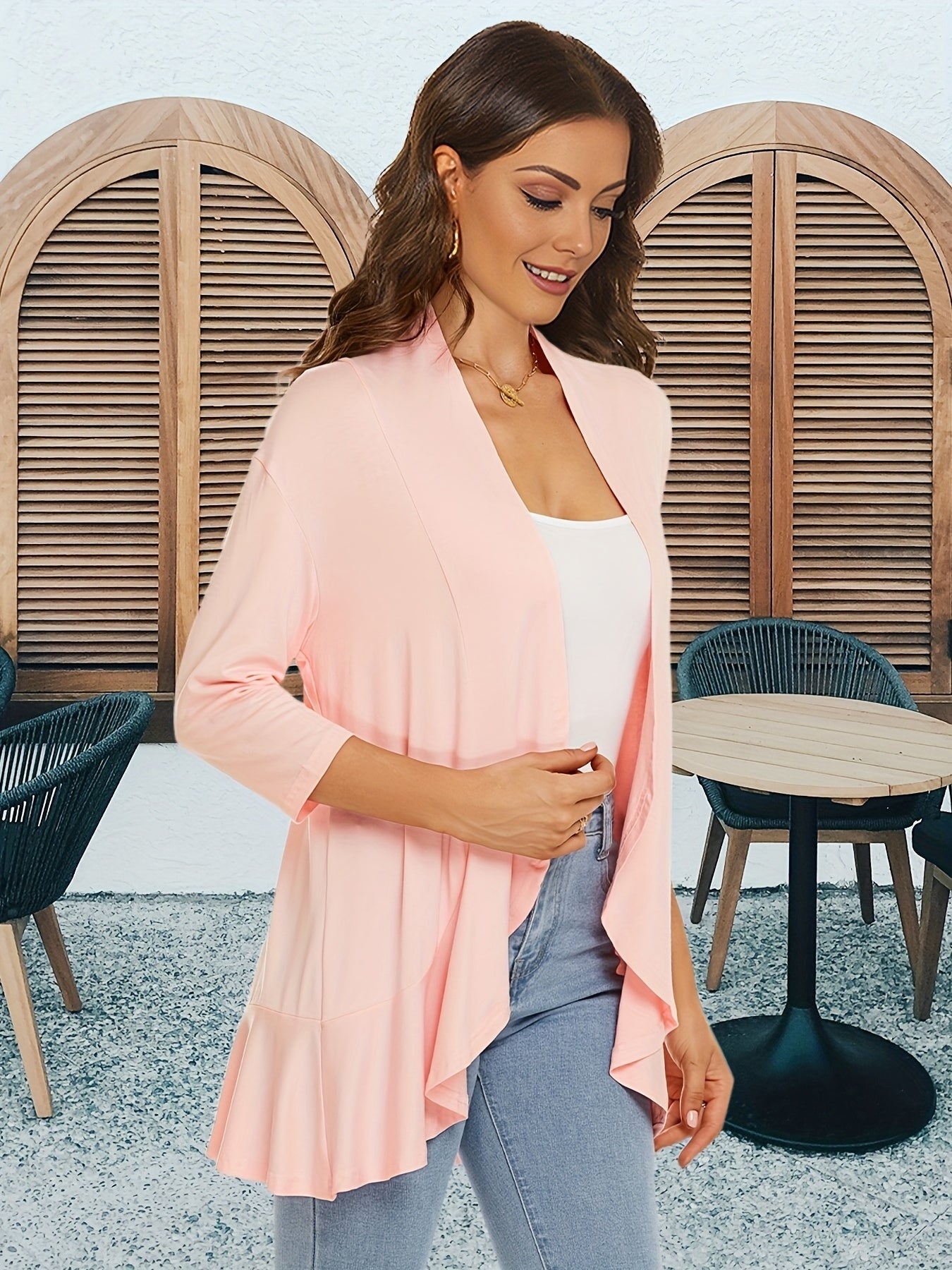 [Lightweight Ruffled Cardigan] Lightweight Women's Light Pink Ruffled Cardigan | Casual Open Front Sweater with Asymmetrical Hem, Long Sleeves, and Button Details for Fall & Winter