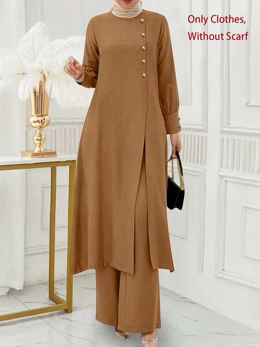 Ramadan, Women'S Front-Button Long Sleeve Slit Dress & Pants Casual Arabic Style 2pcs Set, Only Clothes, Without Headscarf