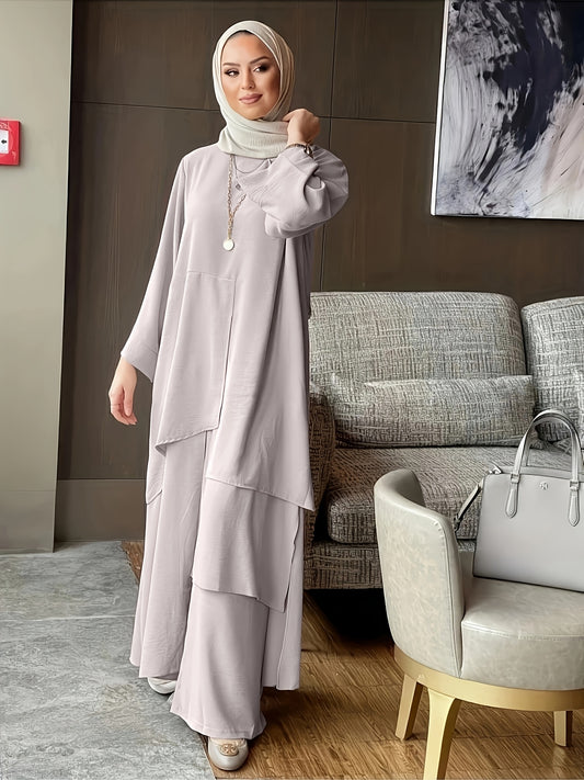 Muslim Women's Round Neck Abaya and Wide-Leg Pants Set, Middle Eastern Two-Piece Abayas with Round Neck