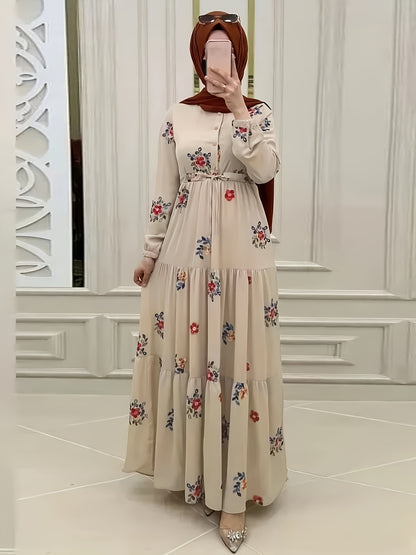 Ramadan Floral Pattern Abaya Dress, Elegant Button Front Long Sleeve Maxi Dress, Women's Clothing