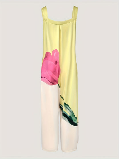 Women's Floral Print Sleeveless Jumpsuit - Thick Strap Ruched Design, Loose Fit Casual Romper with Pockets, H-Silhouette Long Length for Spring Summer Fall, Hand Wash Only, Seasonal Fashion, Flowy Material, Warm Weather Cloth