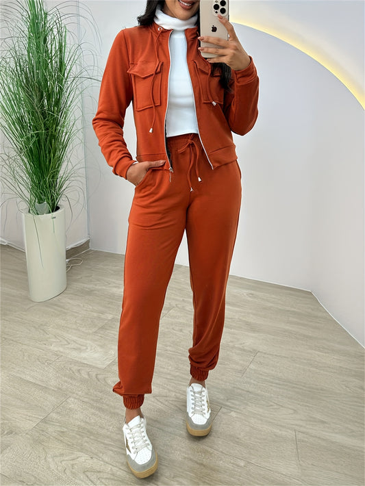 Women’s Top & Pants Set – Stand Collar & Drawstring