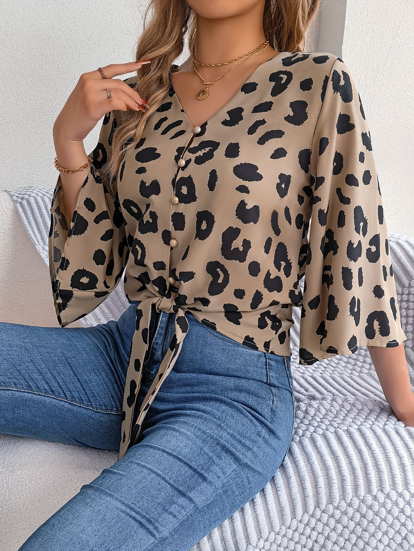 [Leopard Print Tied Bow Top] Elegant Leopard Print Spring & Summer Casual Women's Tied Bow Top