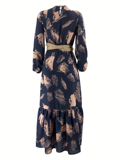 Long Sleeve Ramadan All Over Print Crew Neck Maxi Kaftan, Casual Women's Clothing
