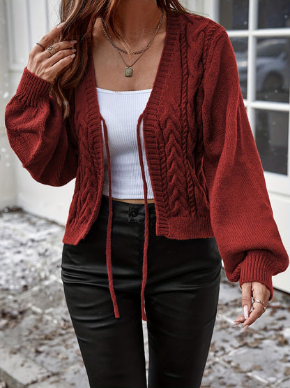 Long Sleeve Solid Color Polyester Cardigan - Elegant Casual Knit Sweater with V-Neck, Tassel Detail, and Drawstring for All Seasons