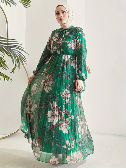 Stunning Floral Print Maxi Kaftan Dress - Modest Long Sleeve, Pleated, Flowy, Polyester, Machine Washable, Random Printing, Middle Eastern Style - Perfect for All Seasons