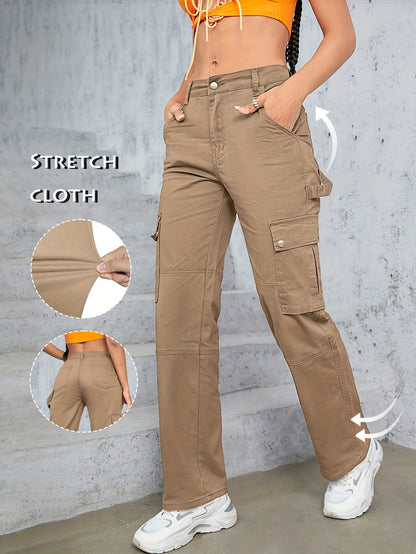 [TL812 High-Waisted Cargo Jeans] TL812 Women's High-Waisted Cargo Jeans | Stretchy Non-See-Through Olive Green Y2K Retro Streetwear Pants with Multiple Utility Pockets | Wide-Leg Fit for Concerts, Festivals, Everyday | Machin