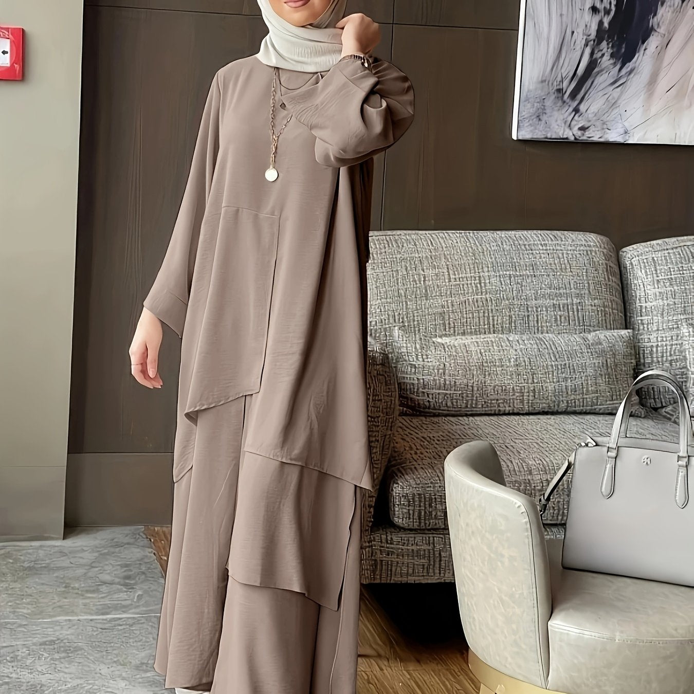 Muslim Women's Round Neck Abaya and Wide-Leg Pants Set, Middle Eastern Two-Piece Abayas with Round Neck