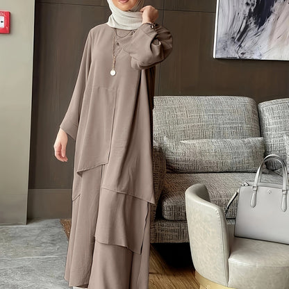 Muslim Women's Round Neck Abaya and Wide-Leg Pants Set, Middle Eastern Two-Piece Abayas with Round Neck