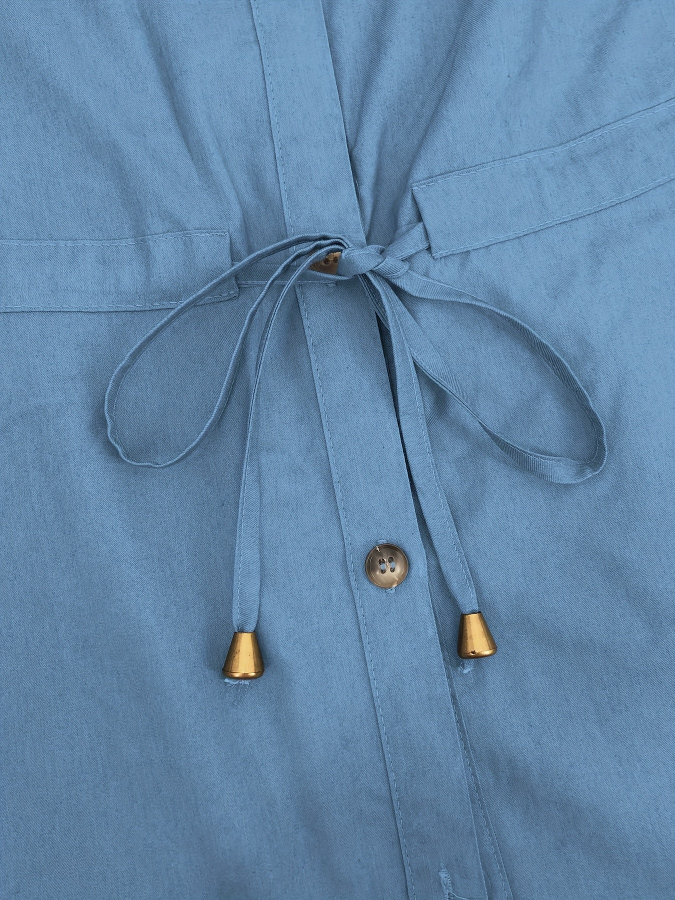 [Stylish Dress] Stylish Blue Women's Button-Up Dress | Long Sleeve, Ruffle Detail, Front Pocket, Drawstring Waist, Casual, All-Season - (Headscarf Not Included)