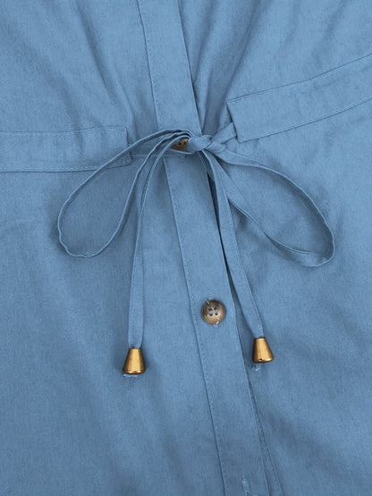 [Stylish Dress] Stylish Blue Women's Button-Up Dress | Long Sleeve, Ruffle Detail, Front Pocket, Drawstring Waist, Casual, All-Season - (Headscarf Not Included)