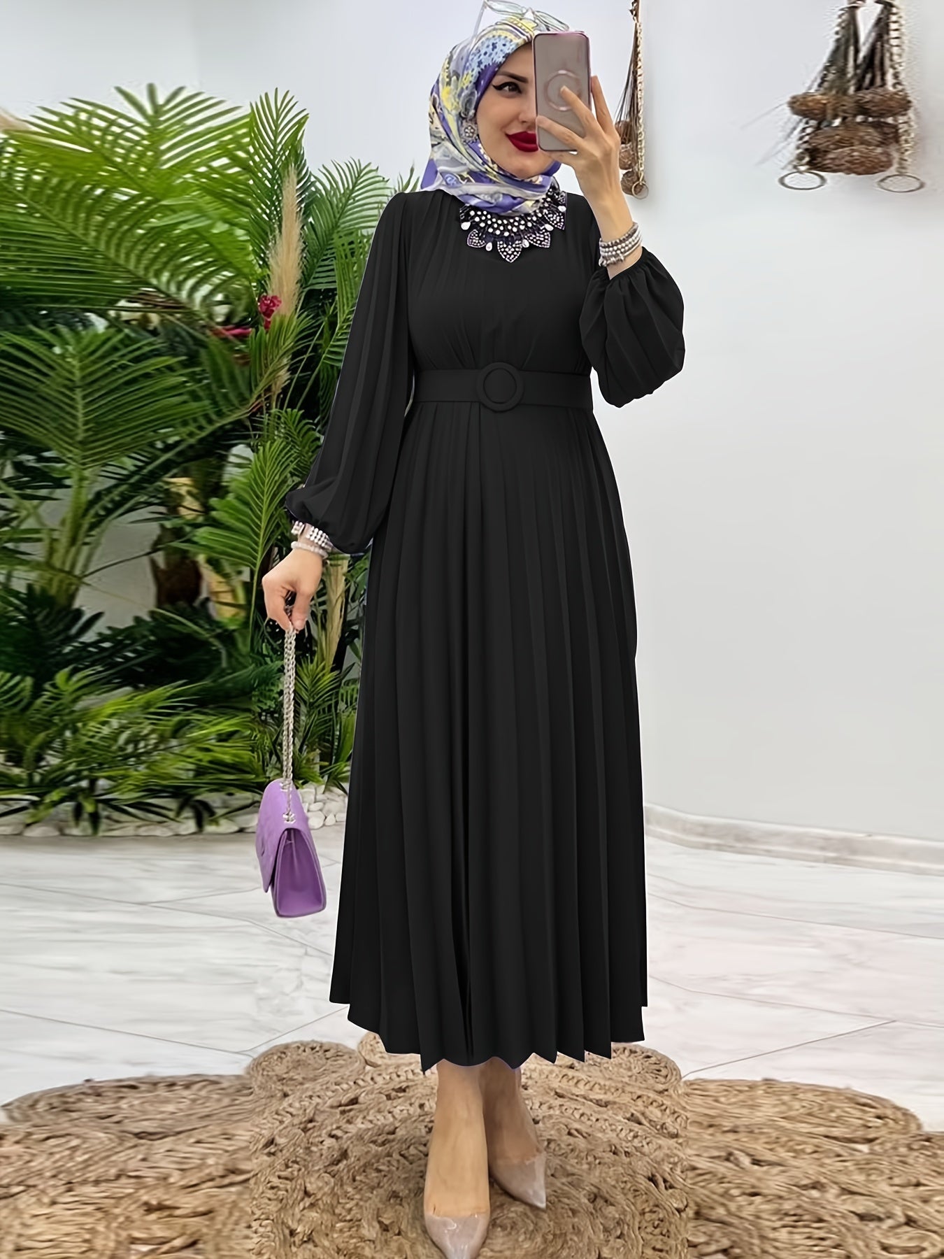 [Elegant Abaya] Elegant Mint Green Abaya | Women's Middle Eastern Modest Dress, Long Sleeve, Floor-Length, Belted Waist, Puff Sleeve, Machine Washable, Traditional, Solid Color, No Stretch Fabric, Casual & Formal Occasions