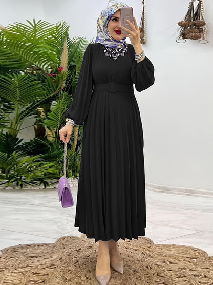[Elegant Abaya] Elegant Mint Green Abaya | Women's Middle Eastern Modest Dress, Long Sleeve, Floor-Length, Belted Waist, Puff Sleeve, Machine Washable, Traditional, Solid Color, No Stretch Fabric, Casual & Formal Occasions