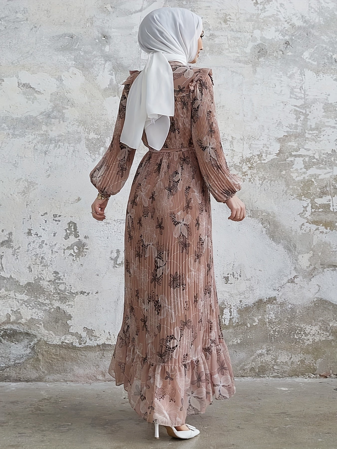 Stunning Floral Print Crew Neck Long Sleeve Abaya Dress - Elegant Ruffle Hem Maxi Length, Belted, Polyester, Machine Washable, Woven, Middle Eastern Style Womens Clothing for All Seasons
