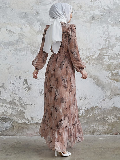 Stunning Floral Print Crew Neck Long Sleeve Abaya Dress - Elegant Ruffle Hem Maxi Length, Belted, Polyester, Machine Washable, Woven, Middle Eastern Style Womens Clothing for All Seasons