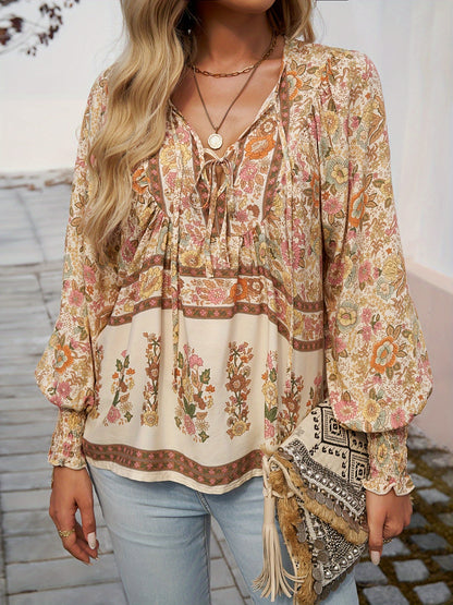 Floral Print V Neck Blouse, Casual Drawstring Long Sleeve Blouse For Spring & Fall, Women'S Clothing