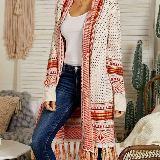 Bohemian Long Open Front Maxi Cardigan with Tassel Trim