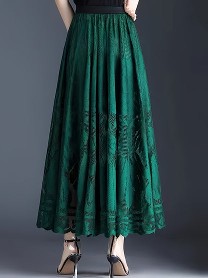 Elegant Women's A-Line Lace Skirt - Long Pleated Design with Intricate Floral Patterns, Lightweight Polyester, Ideal for Spring/Summer/Fall Events, Spring Summer Fashion|Aline Skirt|Polyester Fabric