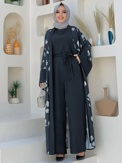 Middle Eastern Muslim Print Jumpsuit Two-Piece Set for Women Without Headscarf