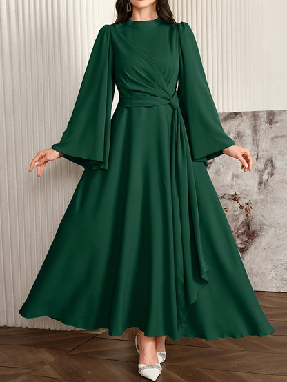 [Muslin Ramadan Dress] Ramadan Women's Evening Dress, Muslin Arabic Gown with Long Flared Sleeves, Stand Collar, Side Embellishments