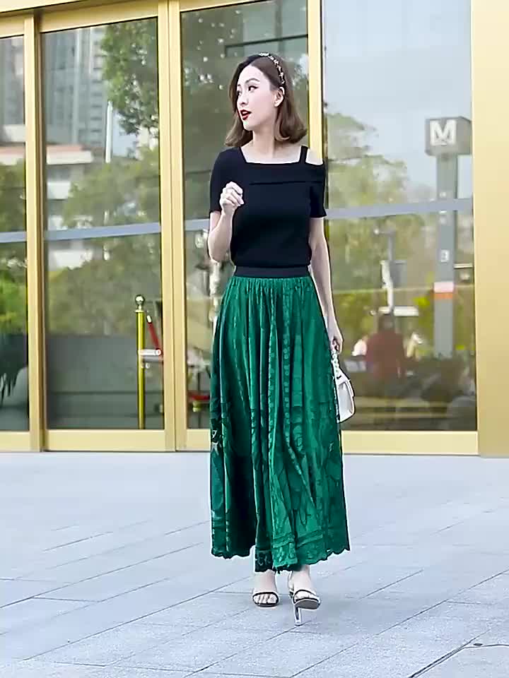 Elegant Women's A-Line Lace Skirt - Long Pleated Design with Intricate Floral Patterns, Lightweight Polyester, Ideal for Spring/Summer/Fall Events, Spring Summer Fashion|Aline Skirt|Polyester Fabric