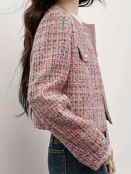 Women's Elegant Thickened Tweed Cardigan Jacket - Floral Pattern Plaid in Red, Pink, White & Brown, Loose Fit Short Length Long Sleeve Coat with Round Neck & Single-Breasted Button Front, All-Season Casual Outerwear for Every