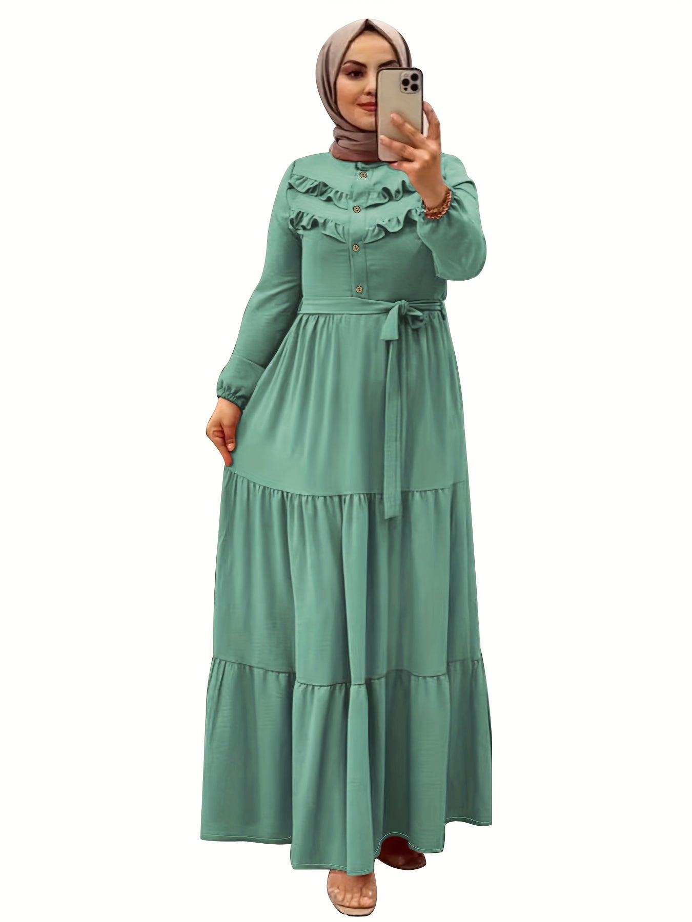 [Light Green Maxi Dress] Casual Light Green Polyester Maxi Dress - Elegant Solid Color with Ruffle Hem & Button Detail, Machine Washable - Hijab Not Included