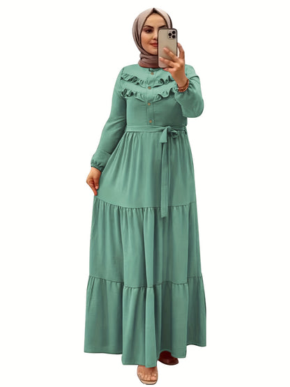 [Light Green Maxi Dress] Casual Light Green Polyester Maxi Dress - Elegant Solid Color with Ruffle Hem & Button Detail, Machine Washable - Hijab Not Included