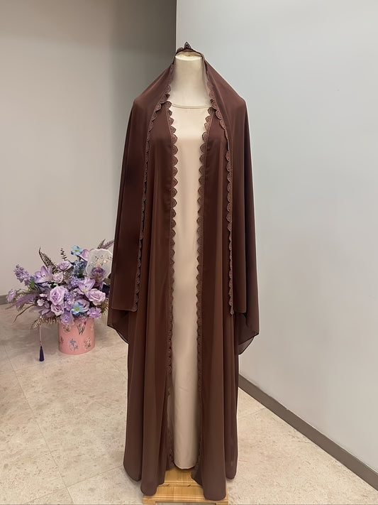 Middle Eastern Muslim Fashion Long Sleeve Embroidered Contrast Lace Abaya Dress with Hijab Three-Piece Set