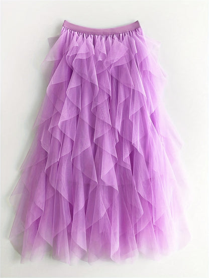 Chic Elegance, Elegant High-Waist A-Line Tulle Skirt for Women - Chic Korean-Style Spring Collection, Sheer Brown Polyester with Delicate Mesh Layers, Perfect for Summer Skirt