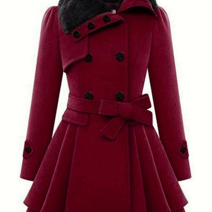 Women's Winter Double-Breasted Pea Coat with Faux Fur