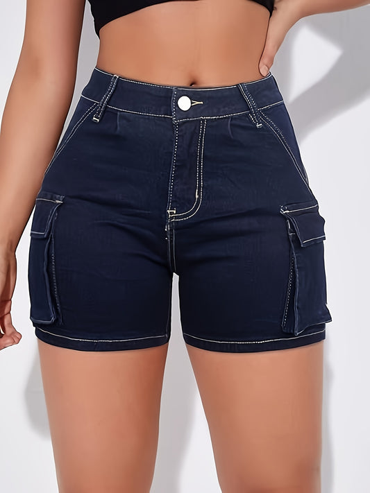 [HME]Workwear Denim Shorts, Made Of Elastic Fabric, Are Comfortable, Hip-lifting, Fashionable And Versatile. Washed Denim Is Retro And Classic. Women'S Denim Shorts With A Pocket Design