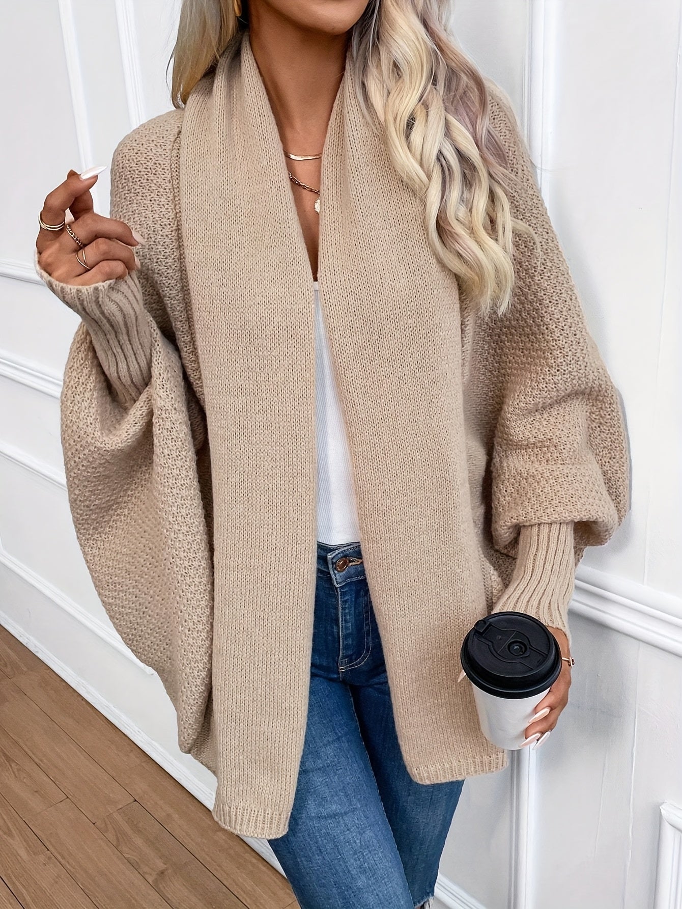 [Elegant Cardigan] Lightweight Polyester Elegant Women's Solid Color Bell Sleeve Cardigan | Contrast Collar, Perfect for Spring/Fall & Winter, Autumn Winter Fashion