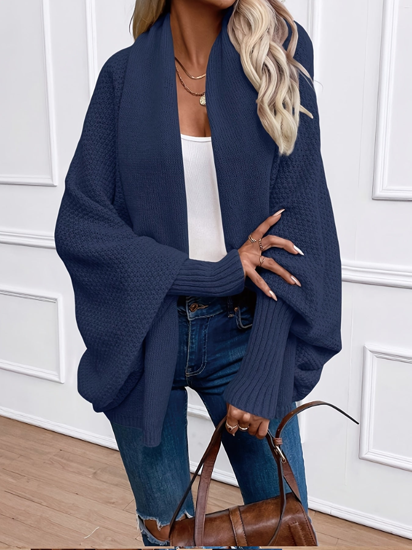 [Elegant Cardigan] Lightweight Polyester Elegant Women's Solid Color Bell Sleeve Cardigan | Contrast Collar, Perfect for Spring/Fall & Winter, Autumn Winter Fashion