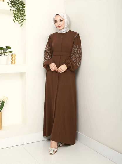 Elegant Black Abaya with Rhinestone Embellishments - Long Sleeve, Belted, All-Season Traditional Muslim Dress for Women, Islamic Fashion, Sophisticated Craftsmanship