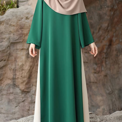1pc Muslim Abaya Dress Long Sleeve Loose Fit A-Line with Black & White Color-Blocking & Orange Accents - Middle Eastern Elegance Adjustable Side Drawstring for Prayer, Casual, All-Season Wear (No Headscarf Included), Muslim D