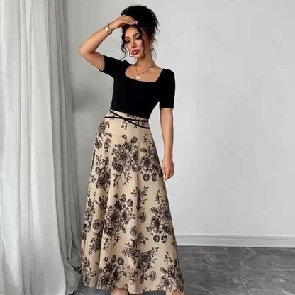 Retro Square Neck Short Sleeved Printed High Waisted And Stylish Elegant Dress